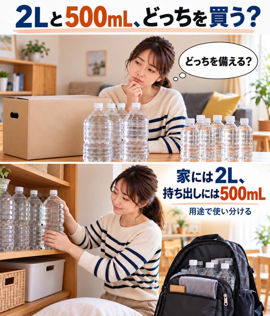 2Lと500mLの保存水をどちらか一方だけで考えるのではなく、自宅用は2L、持ち出し用は500mLと使い分けることを示す2コマシーン画像