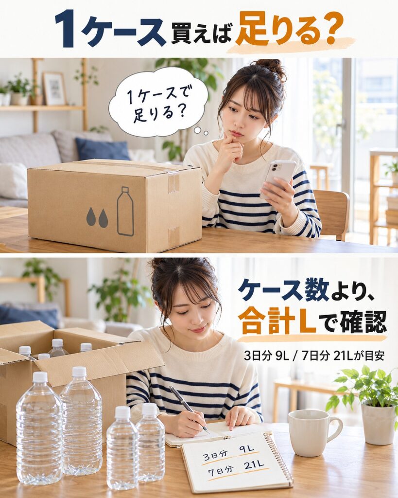 保存水は1ケースという言い方だけで判断せず、3日分9L・7日分21Lに対して合計で何Lあるかを確認して選ぶことを示す2コマシーン画像