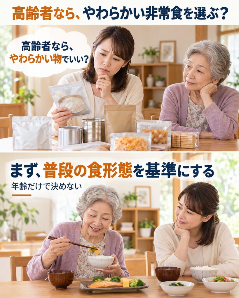高齢者だから一律にやわらかい非常食を選ぶのではなく、本人が普段食べている食形態を基準に選ぶことを示す2コマシーン画像