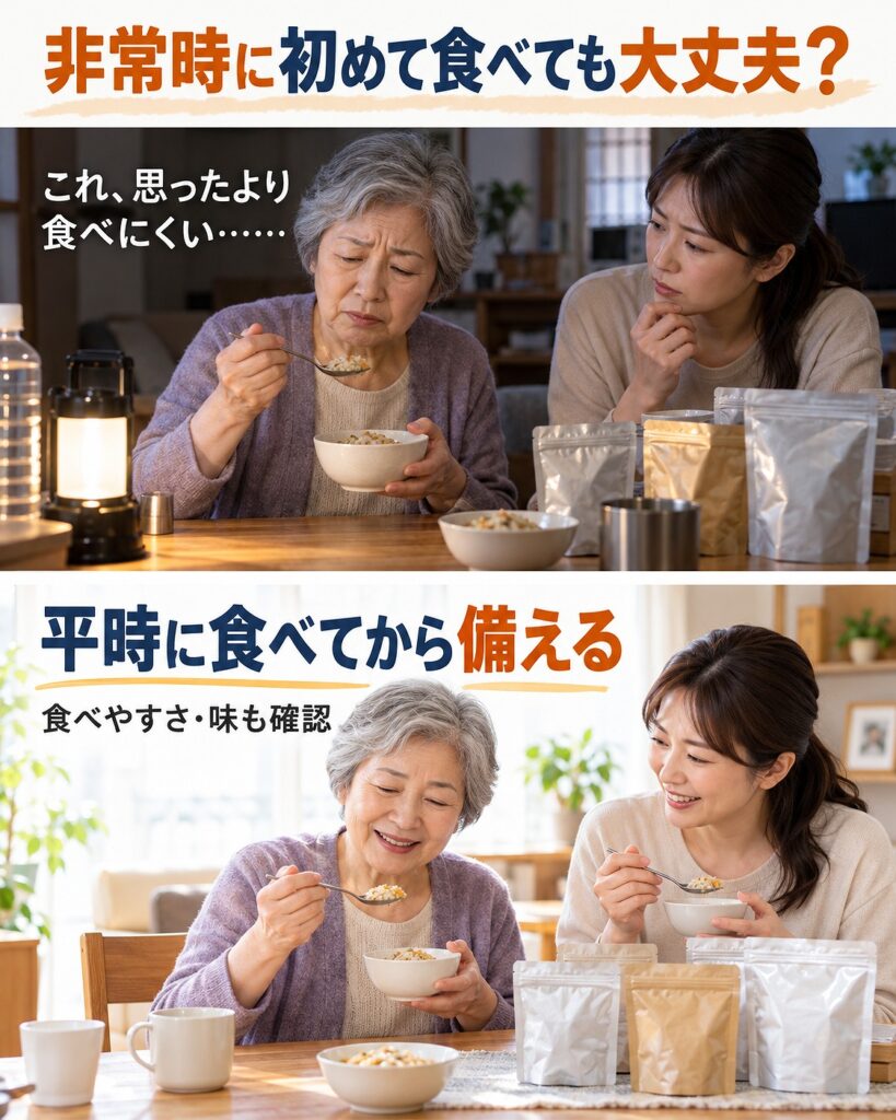 非常食を非常時に初めて食べるのではなく、平時に本人が実際に食べて食べやすさや味を確認してから備蓄することを示す2コマシーン画像