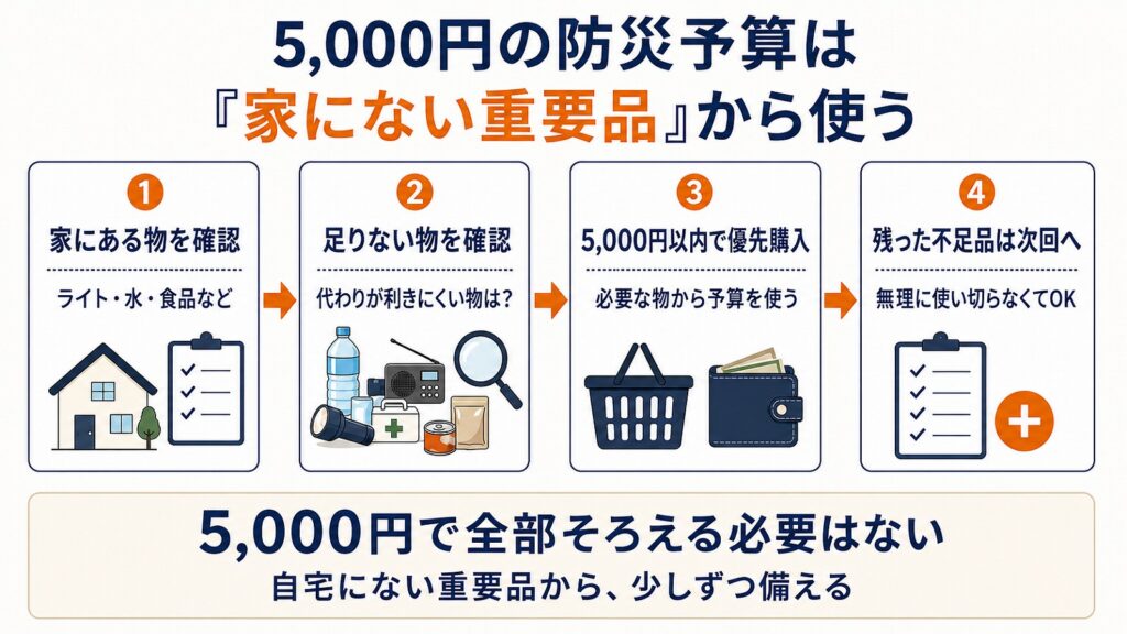「家にある物を確認→足りない重要品を確認→5,000円以内で優先購入→残った不足品は次回へ」という判断の順序を、価格を使わずに視覚化した図