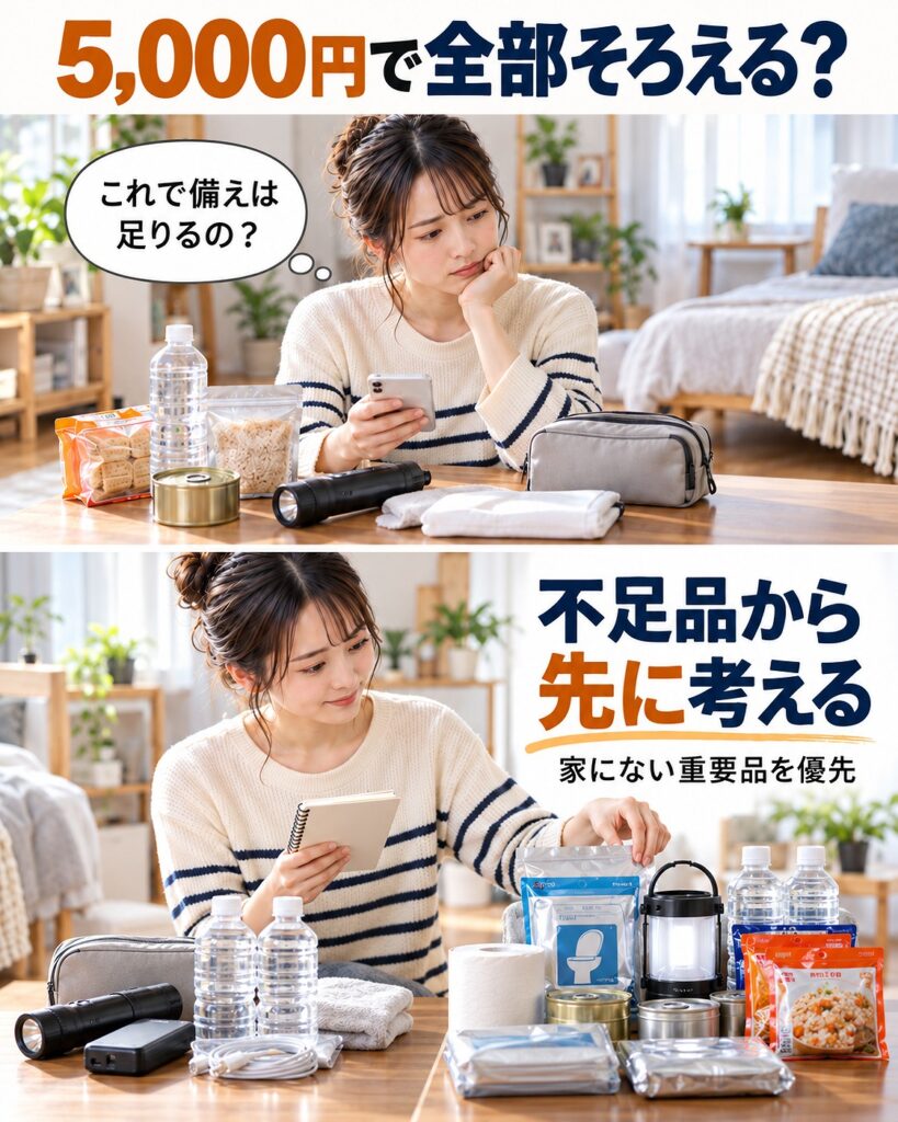 5,000円で防災を全部そろえるのではなく、自宅にない不足品から優先して買うことを示す2コマシーン画像