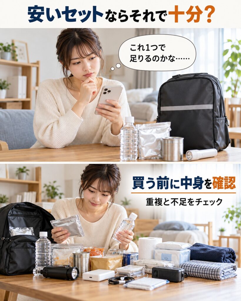 5,000円以下の防災セットを選ぶときは、価格だけでなく中身の重複と不足を確認することを示す2コマシーン画像