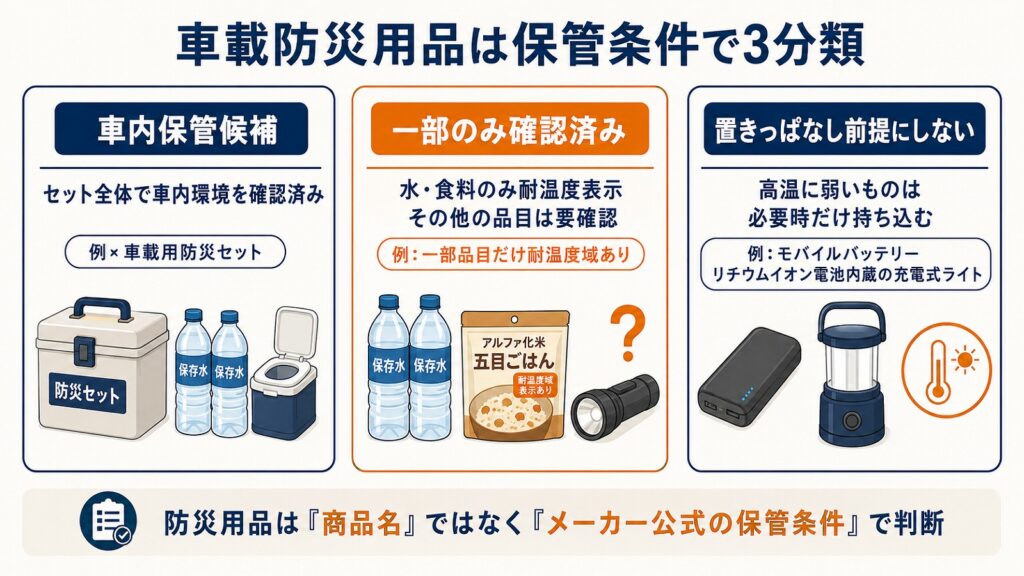 車載防災用品を車内保管候補・一部のみ確認済み・置きっぱなし前提にしないの3分類で整理した図解
