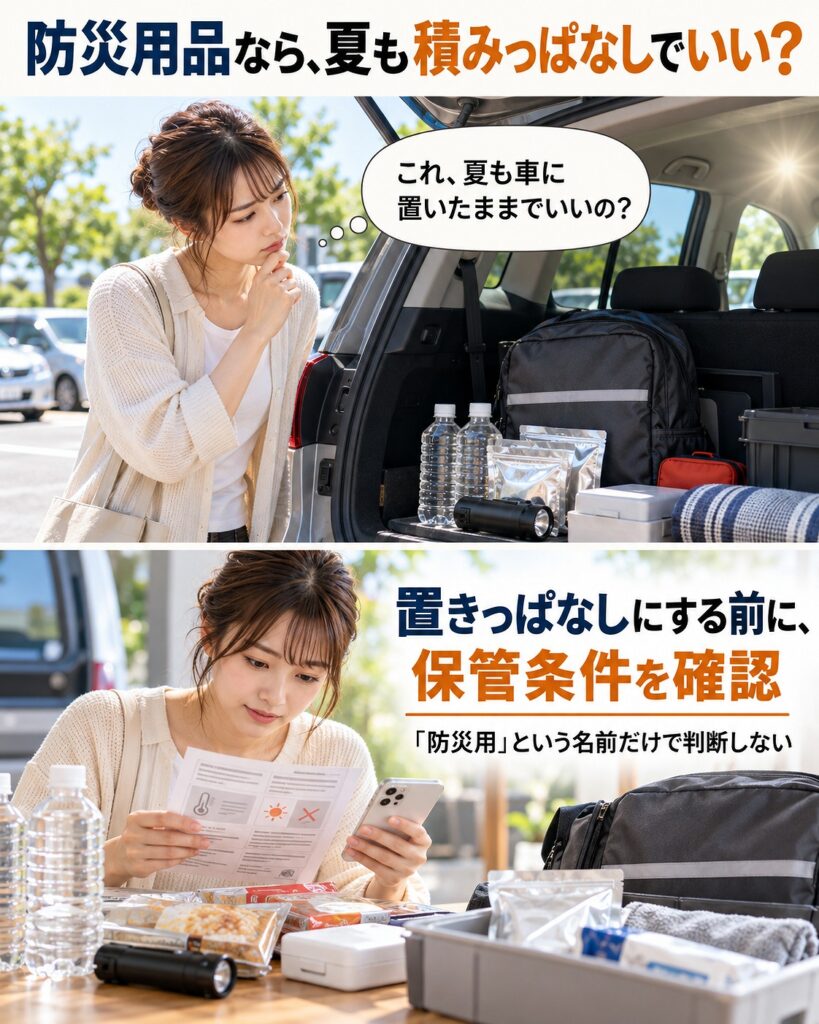 夏の車内に防災用品を置きっぱなしにする前に、メーカーの保管条件を確認することを示す2コマシーン画像