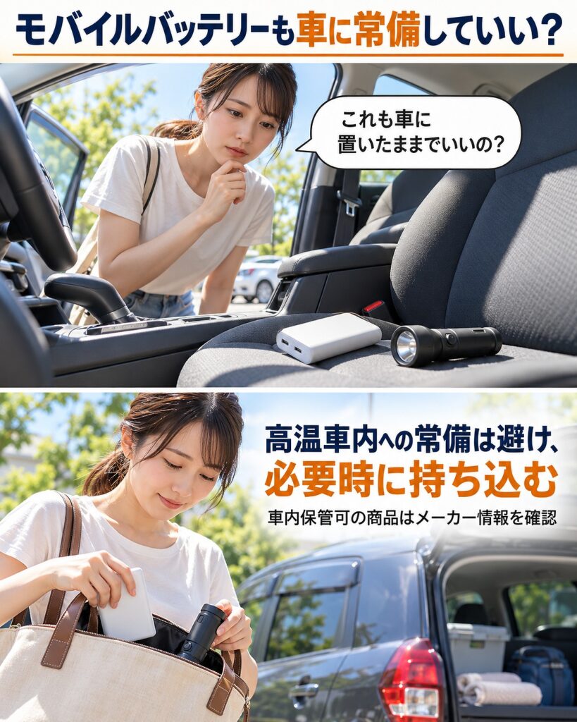 車内保管条件を確認できないモバイルバッテリーなどの充電式製品は、夏の高温車内へ常備せず必要時に持ち込む考え方を示す2コマシーン画像