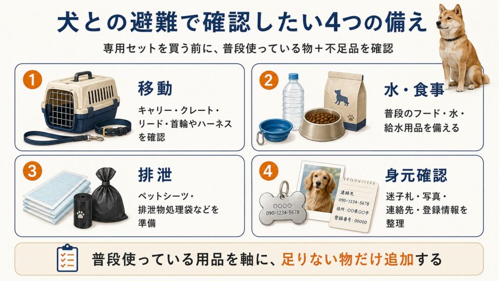 犬との避難に必要な備えを移動・水と食事・排泄・身元確認の4つに分類したインフォグラフィック