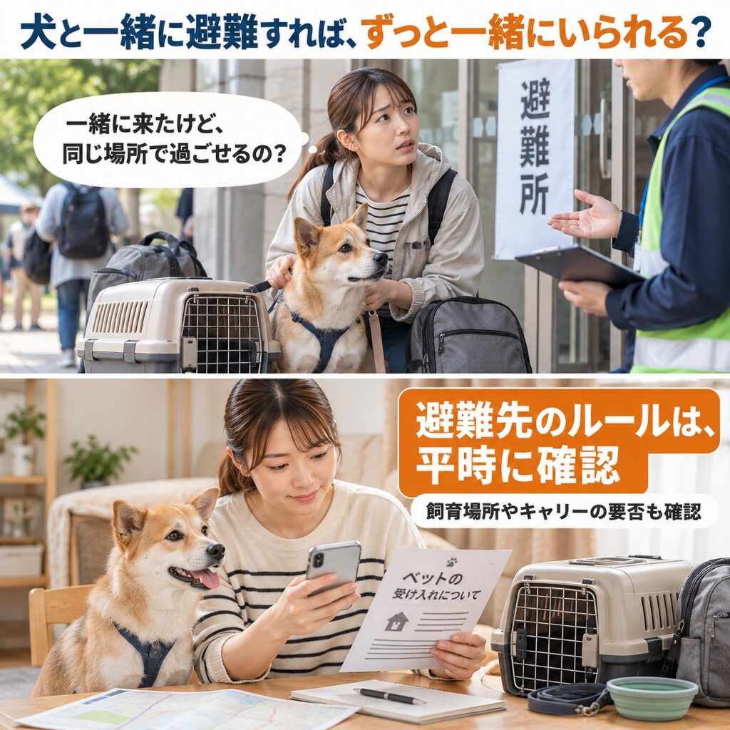 犬と同行避難しても避難所で同室とは限らないため、平時にペットの受け入れルールを確認することを示す2コマシーン画像