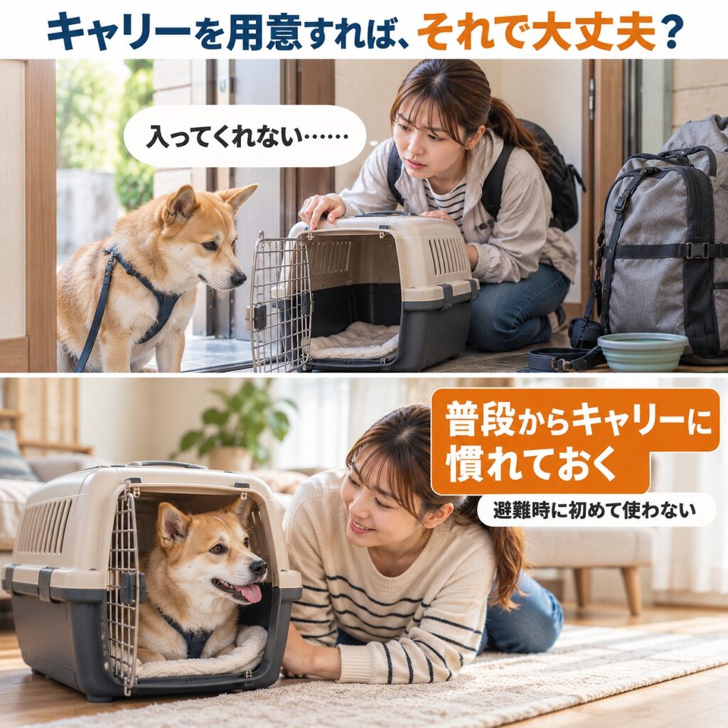 避難時に犬がキャリーへ入れず困らないよう、平時からキャリーに慣れさせておくことを示す2コマシーン画像