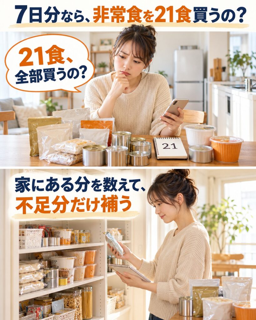 3日分・7日分の備蓄食品をすべて専用非常食で買わず、家にある保存食品を数えて不足分だけ補うことを示す2コマシーン画像