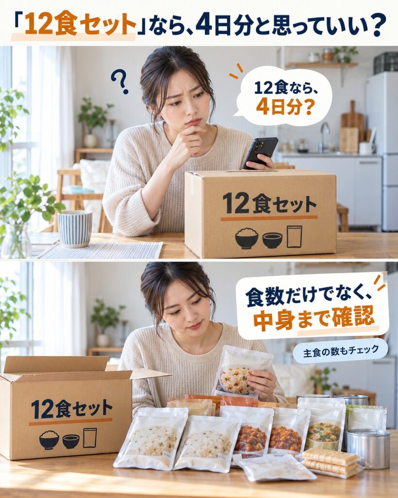 非常食セットは「○食セット」という数字だけで判断せず、主食数や内容、何を1食と数えているかまで確認することを示す2コマシーン画像