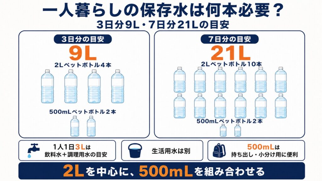 一人暮らしの保存水の目安を、3日分9Lは2Lペットボトル4本と500mLペットボトル2本、7日分21Lは2Lペットボトル10本と500mLペットボトル2本で示した図解。1人1日3Lは飲料水と調理用水の目安で、生活用水は別、500mLは持ち出しや小分け用に便利であることも示している。