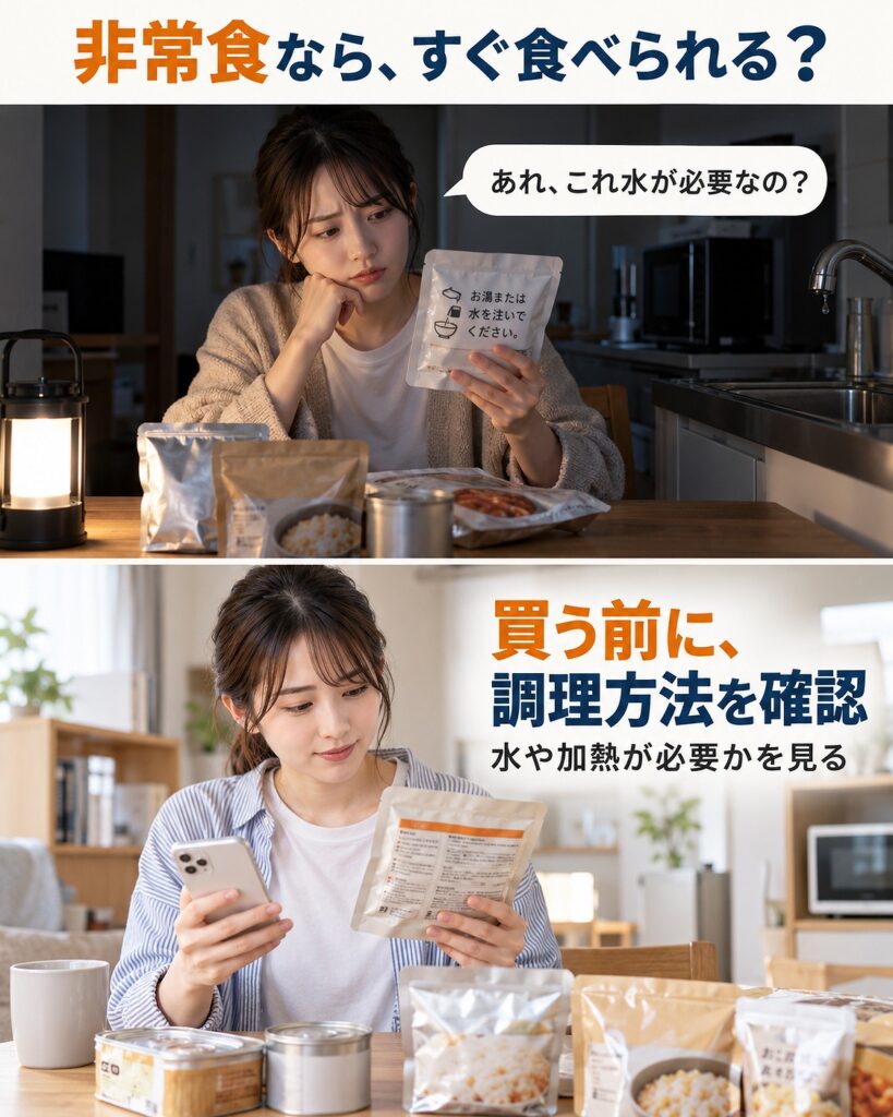 断水・停電時に非常食を食べようとして水や加熱が必要だと困るため、購入前に調理条件を確認することを示す2コマシーン画像
