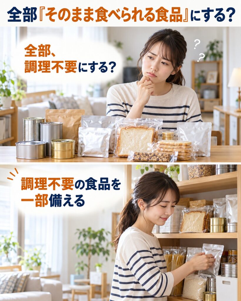 そのまま食べられる食品だけで備蓄のすべてを構成する必要はありません。水やガスが使える段階になれば、アルファ米など調理を伴う非常食も選択肢に入ります。断水・停電の直後という場面を想定して、調理不要の食品を一部組み込んでおく、という考え方が現実的です。