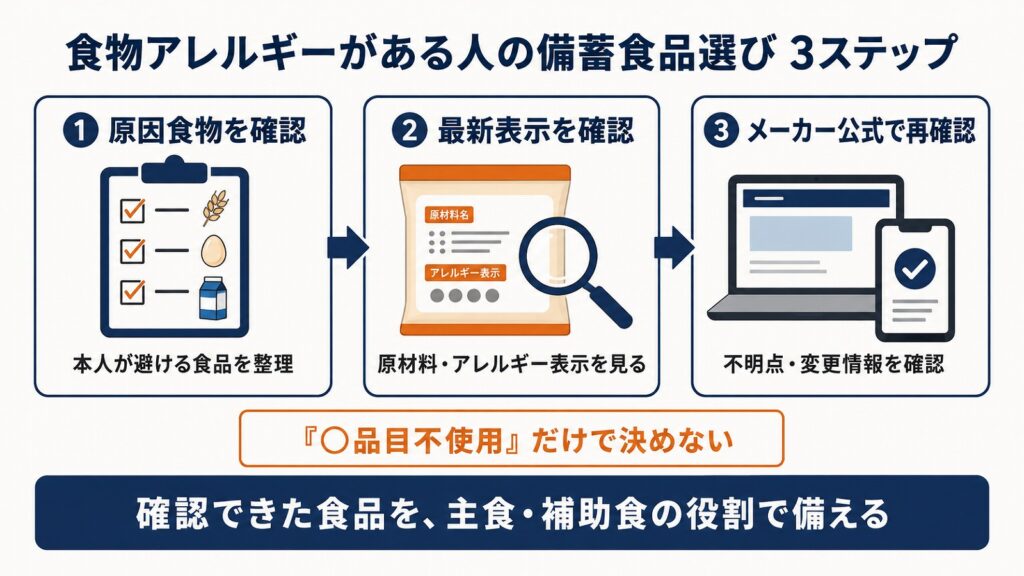 食物アレルギーがある人の非常食選びのイメージ（非常食パッケージと原材料表示の確認）