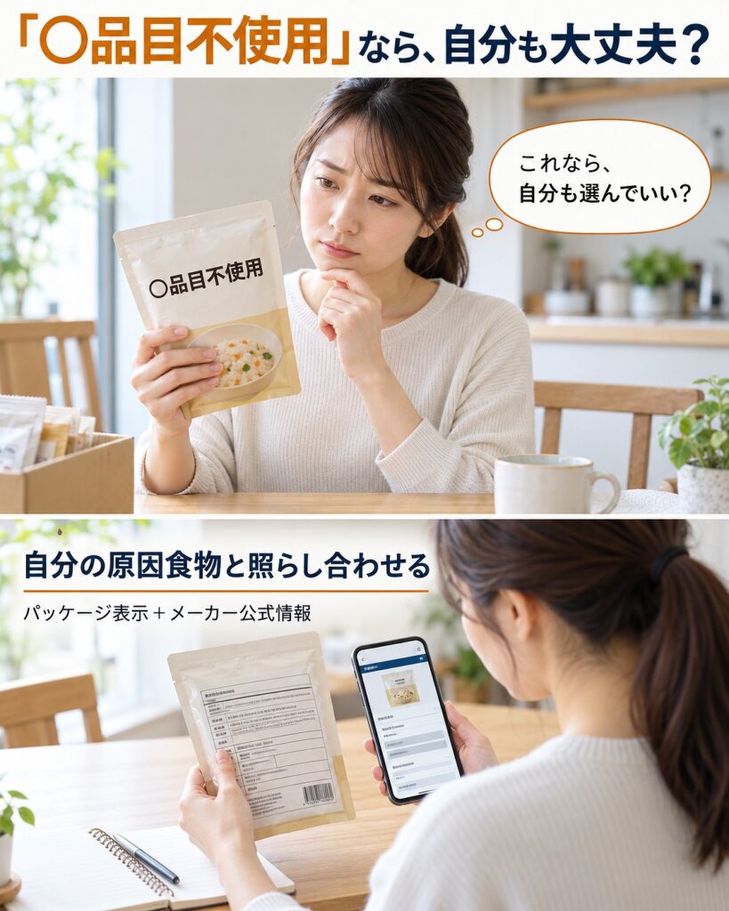 「○品目不使用」という表示だけで非常食を選ばず、自分の原因食物と原材料表示・メーカー公式情報を照らし合わせることを示す2コマシーン画像