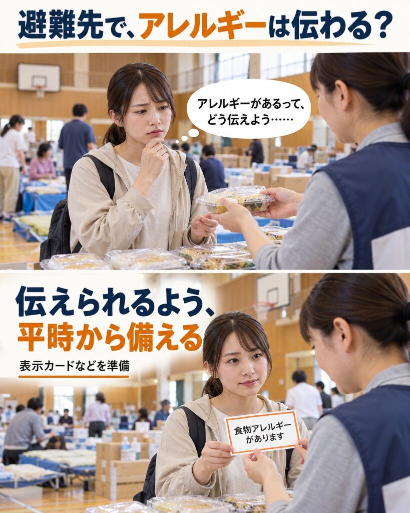 避難先で配布された食品を前に食物アレルギーをどう伝えるか迷い、表示カードなどで周囲に伝えられるよう備えることを示す2コマシーン画像