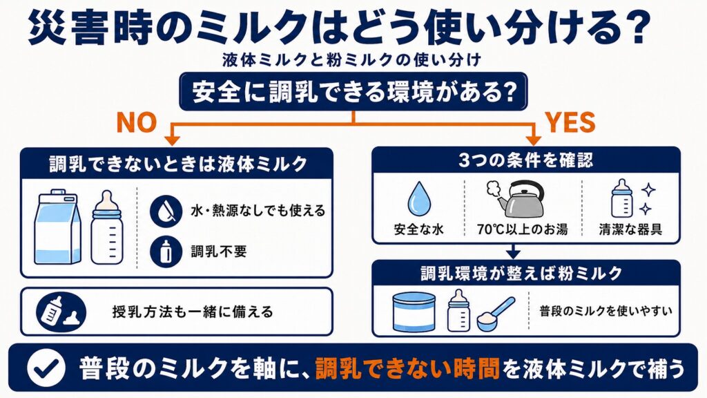 災害時のミルクを、調乳環境の有無に応じて液体ミルクと粉ミルクで使い分ける判断フロー図。