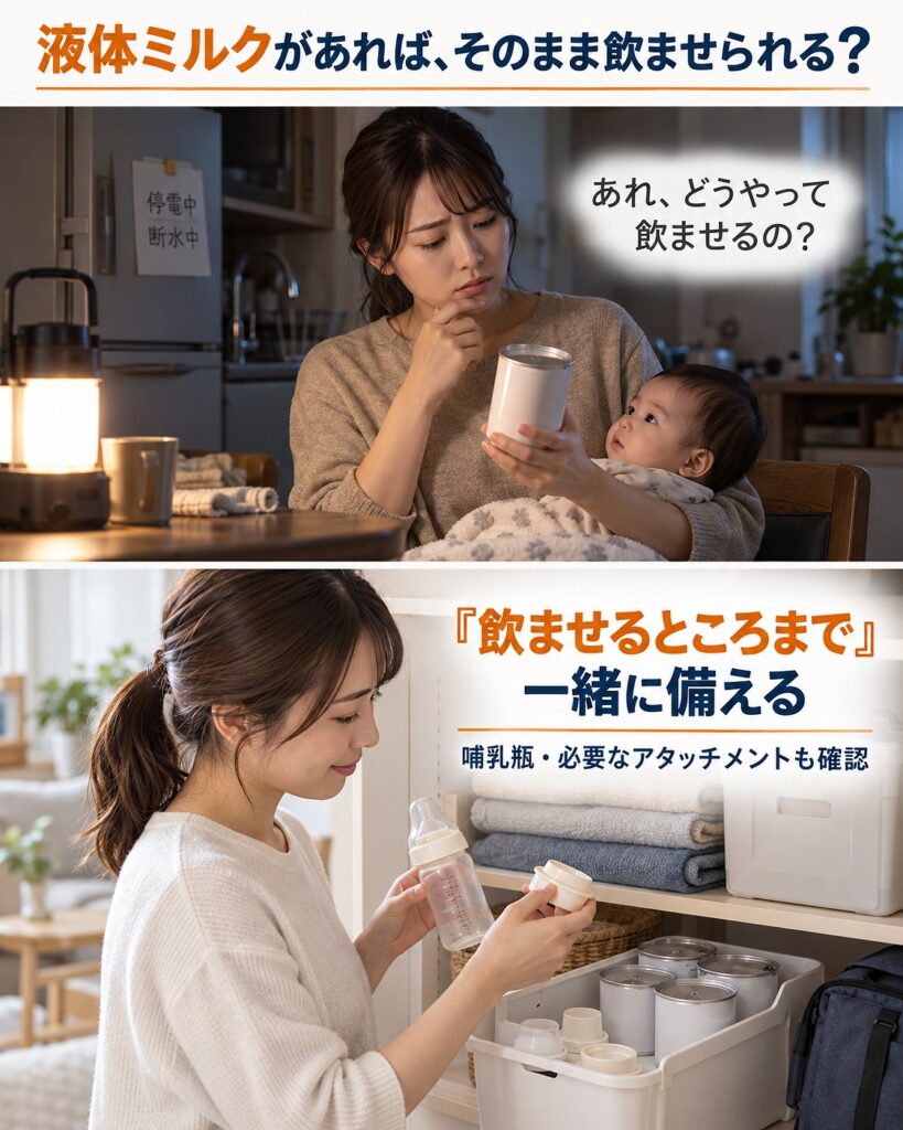 液体ミルクは本体だけでなく、哺乳瓶や専用アタッチメントなど実際に飲ませる手段まで一緒に備えることを示す2コマシーン画像