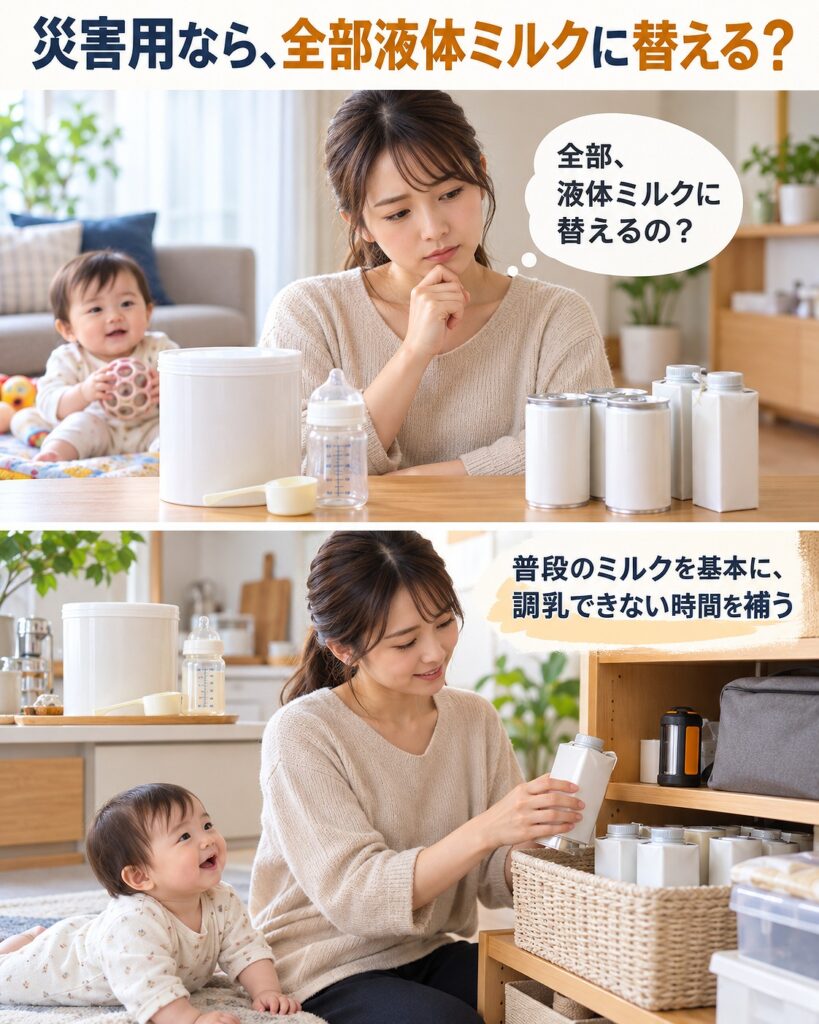 災害用だからと普段の粉ミルクをすべて液体ミルクへ替えず、調乳できない時間を液体ミルクで補うことを示す2コマシーン画像
