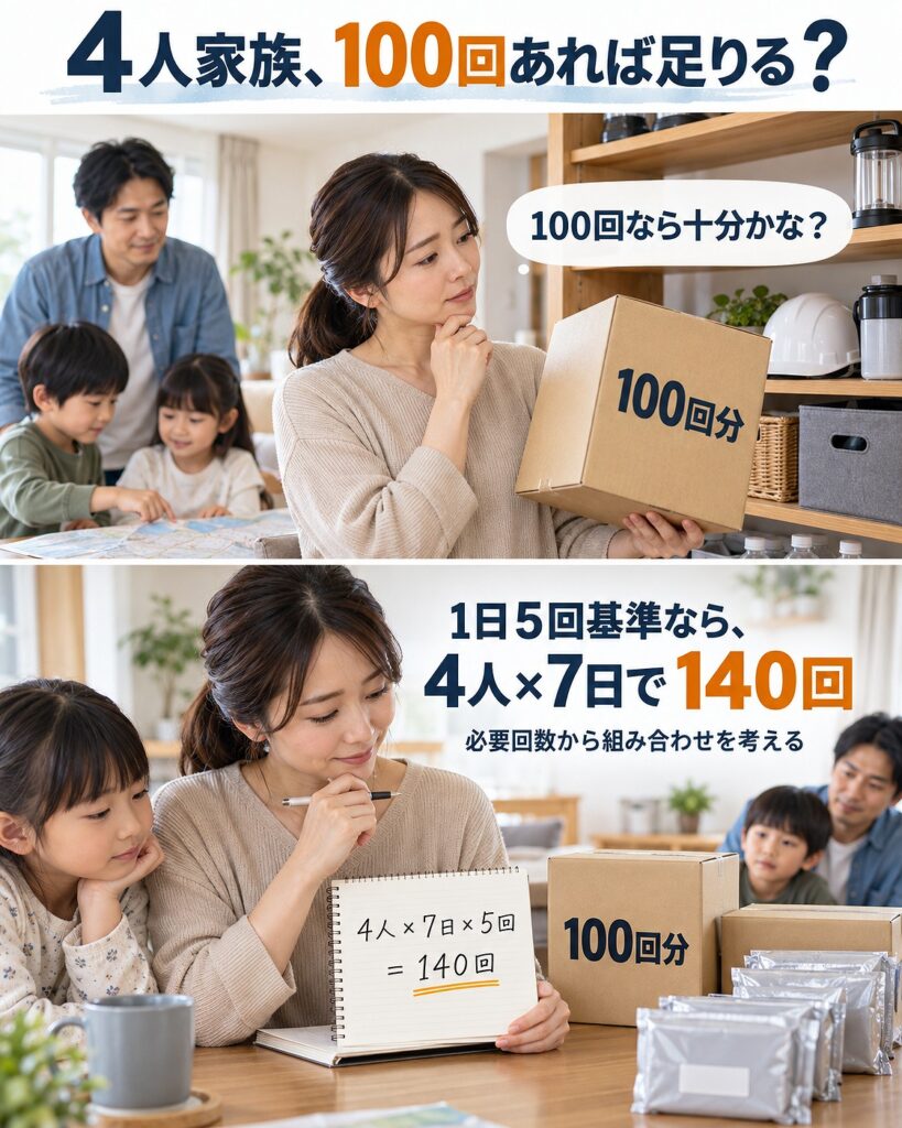 4人家族の7日分は1日5回基準で140回必要なため、100回セット1箱だけでは足りず必要回数から組み合わせを考えることを示す2コマシーン画像