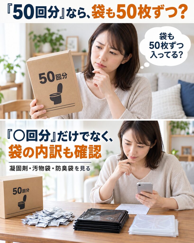 非常用トイレの「50回分」という表示だけで袋の枚数を判断せず、凝固剤・汚物袋・防臭袋の内訳を購入前に確認することを示す2コマシーン画像