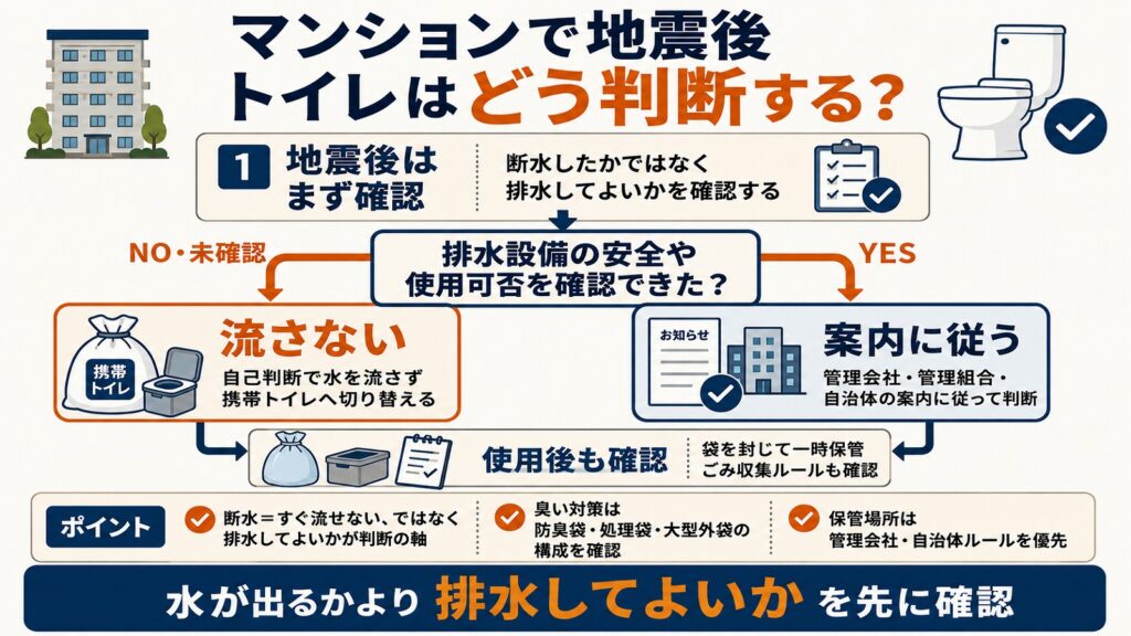 マンションで地震後にトイレを使うかどうかを判断するフロー図