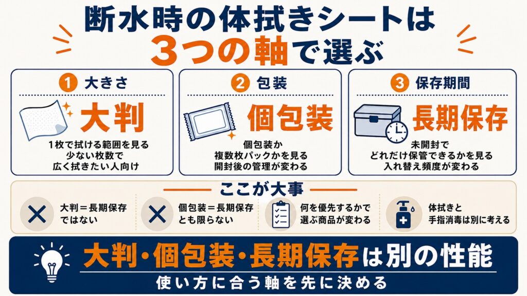 断水時の体拭きシートを選ぶ3つの軸（大きさ・包装・保存期間）を示す図解