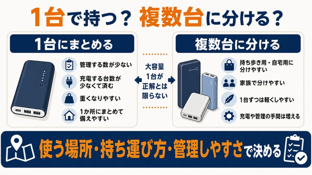 防災用モバイルバッテリーを、1台にまとめる場合と複数台に分ける場合で比較した図解。1台にまとめると管理する数が少なく、複数台に分けると持ち歩き用・自宅用に分けやすい一方、充電や管理の手間は増える。使う場所・持ち運び方・管理しやすさで選ぶことを示している。
