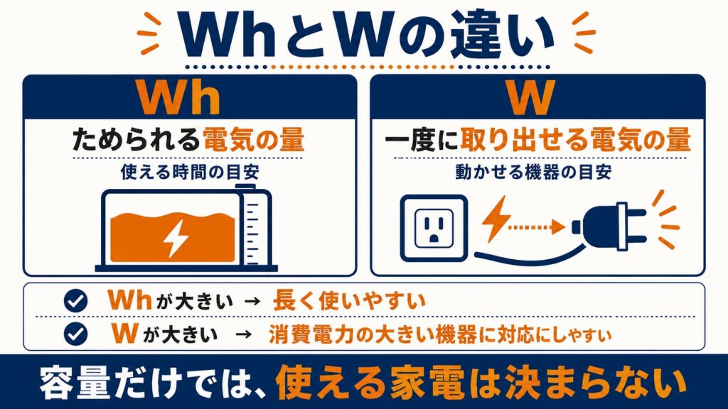 ポータブル電源のWh（容量）とW（出力）の違いをタンクに例えた図解