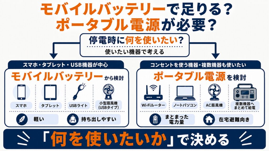 モバイルバッテリーとポータブル電源のどちらを検討すべきかを示す分岐図