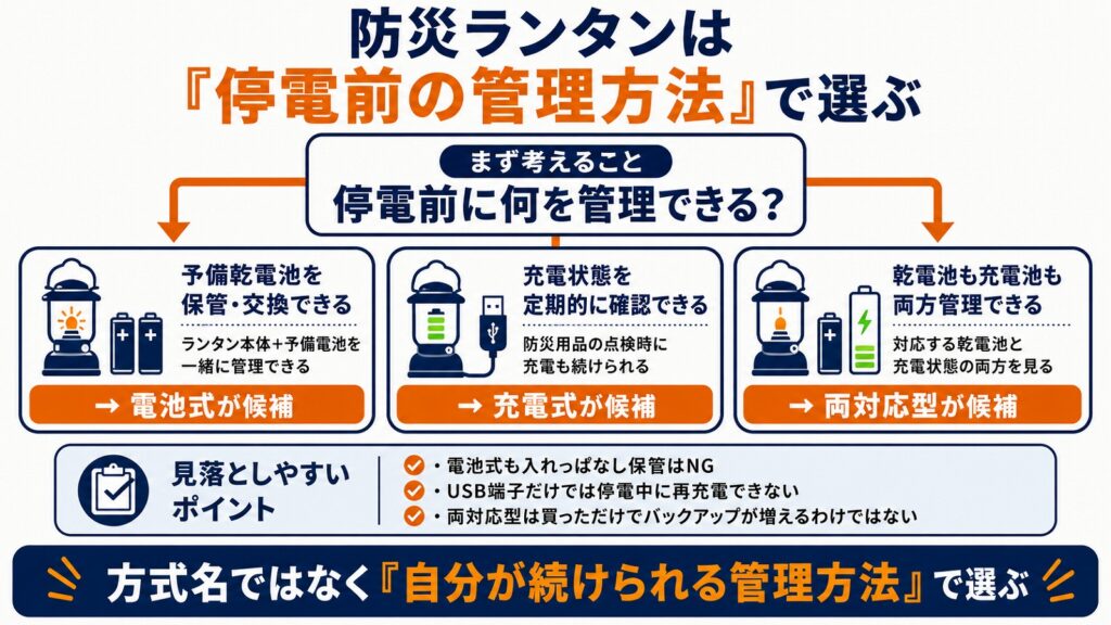 防災ランタンを停電前の管理方法（予備乾電池・充電状態・両方）で選ぶ3分岐図。