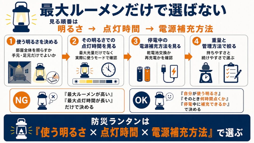 使う明るさ×点灯時間×電源の補充方法で選ぶ流れ図。