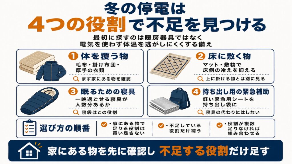 冬の停電時の防寒対策を「体・床・睡眠・持ち出し」の4つの不足から整理した図解。