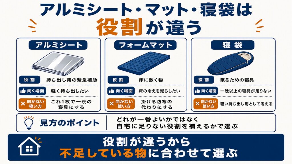 アルミシート・フォームマット・寝袋の役割の違いを示した図解。