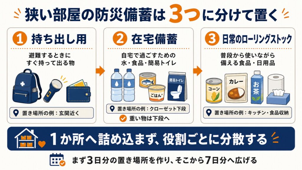 持ち出し用・在宅備蓄・ローリングストックの3分類を示す図。