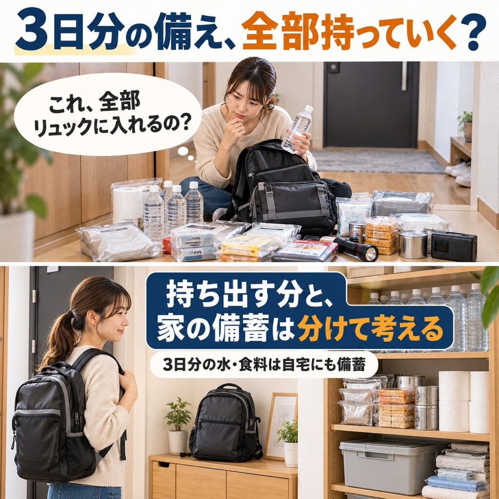 3日分の備えを全部持ち出すのではなく、持ち出す分と家の備蓄を分けて考えることを示す2コマシーン画像