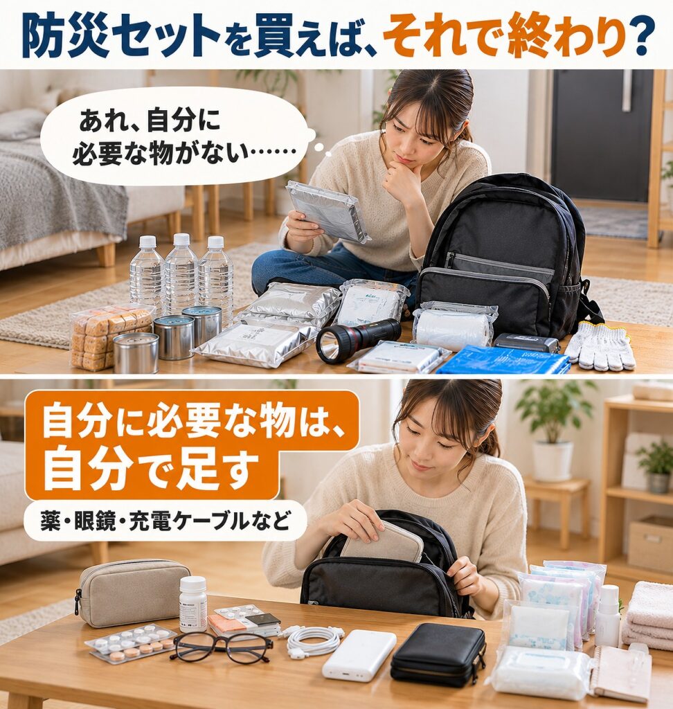 市販の防災セットだけでは自分に必要な物がそろわず、薬や眼鏡などを自分で追加する必要があることを示す2コマシーン画像