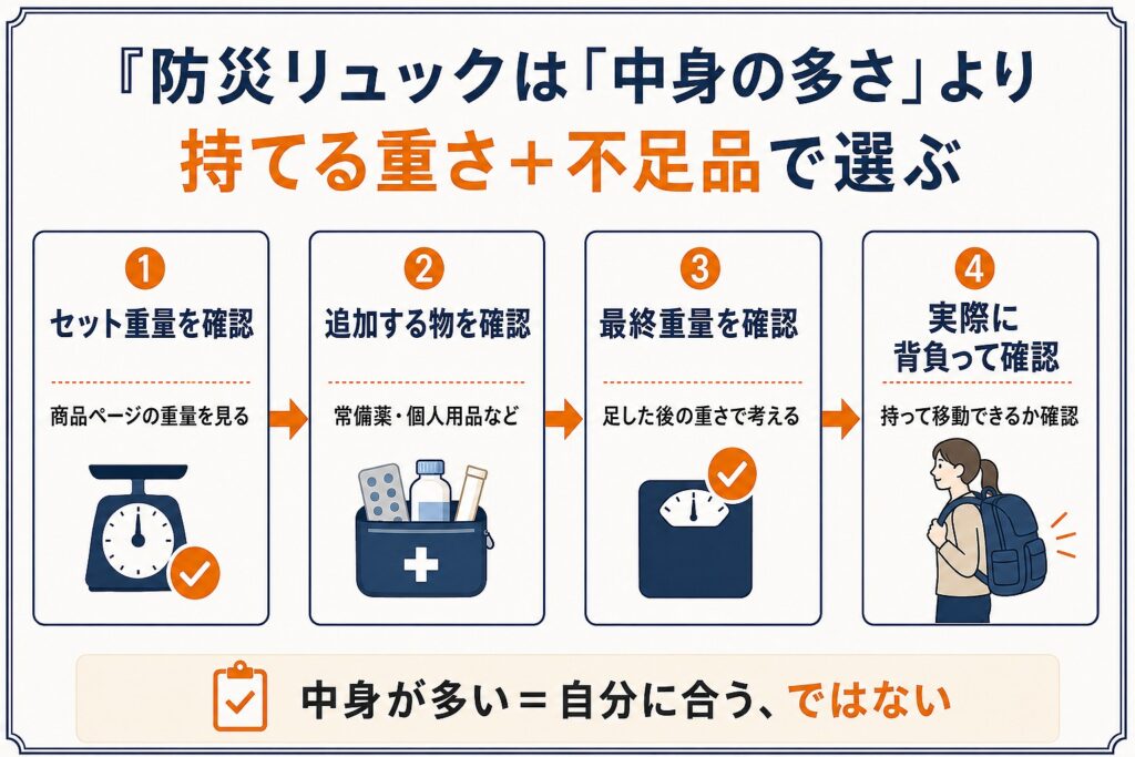商品点数だけを見るのではなく、①セット重量を確認する→②追加する物を確認する→③最終重量を確認する→④実際に背負って確認する、という流れを一目で理解させるための図。