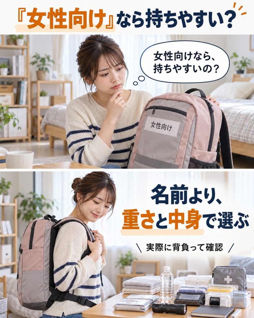 「女性向け」という表示だけで選ぶのではなく、防災リュックは重さと中身で選ぶことを示す2コマシーン画像