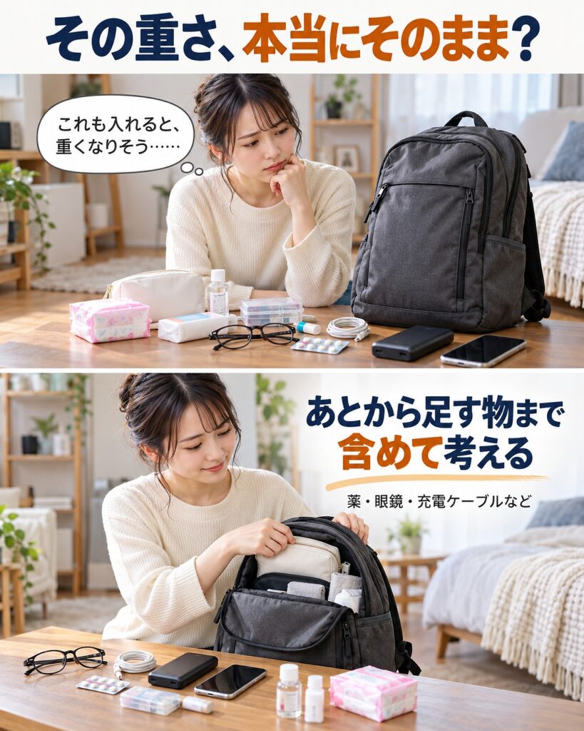防災リュックはセット重量だけでなく、あとから追加する個人用品も含めて重さを考えることを示す2コマシーン画像