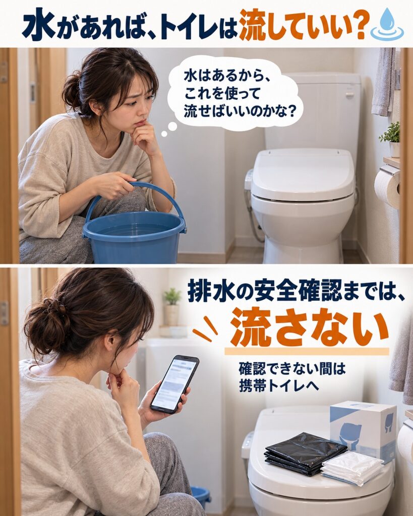 マンションでは地震後に水があっても自己判断でトイレを流さず、排水設備の安全と使用可否を確認できるまで携帯トイレへ切り替えることを示す2コマシーン画像
