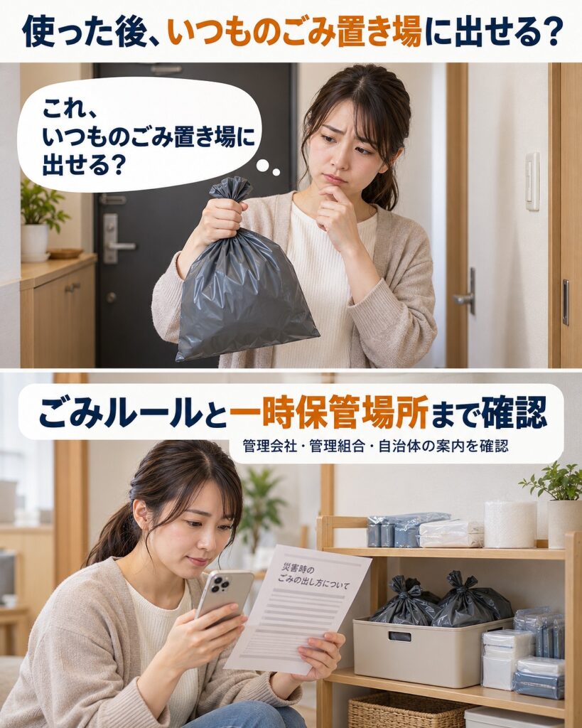 マンションでは使用済み携帯トイレを普段どおりごみ置き場へ出せるとは限らないため、災害時のごみ収集ルールと一時保管場所を事前に確認することを示す2コマシーン画像