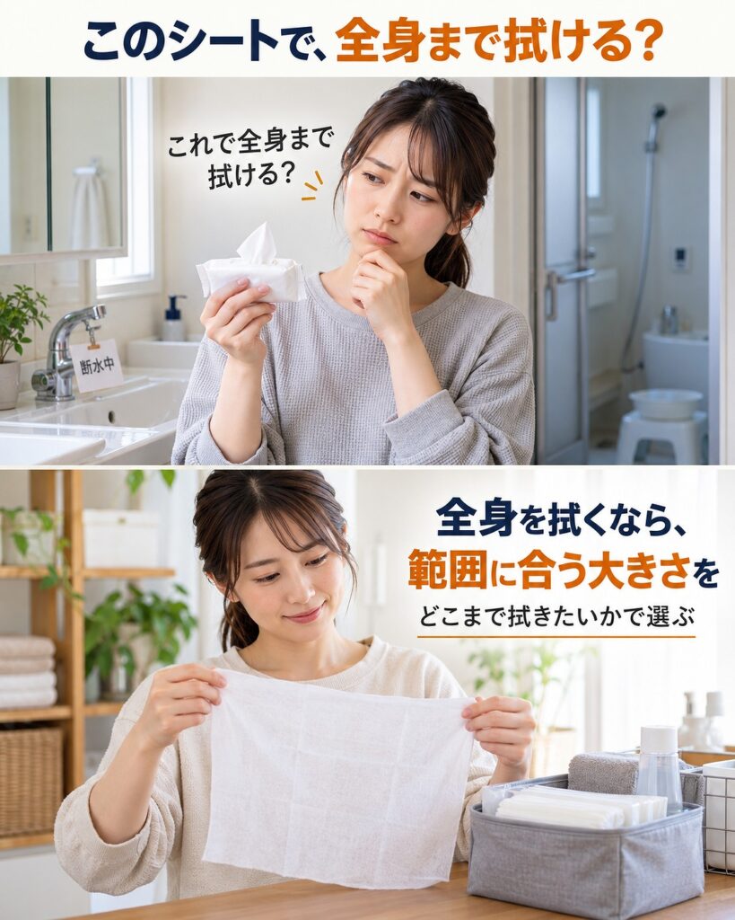 断水時に全身を拭きたい場合は、普段使いの小さいウェットシートではなく、拭きたい範囲に合う大きさの体拭きシートを選ぶことを示す2コマシーン画像