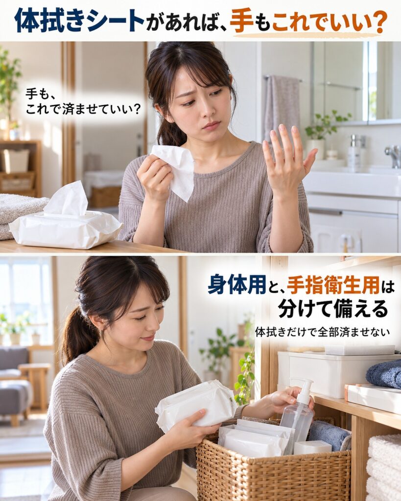 断水時は体拭きシートだけで手指衛生まで済ませず、身体を拭く用品と手指衛生用の用品を別に備えることを示す2コマシーン画像
