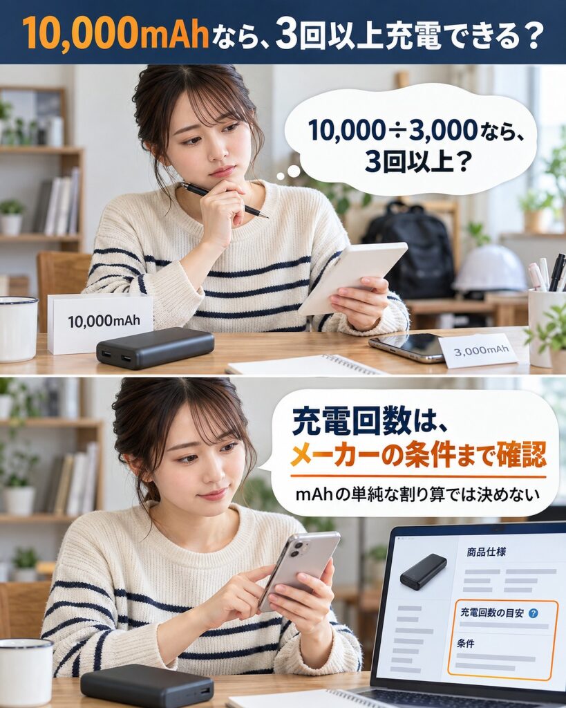 10,000mAhをスマホの電池容量で単純に割って満充電回数を判断せず、メーカーが示す充電回数の条件を確認することを示す2コマシーン画像