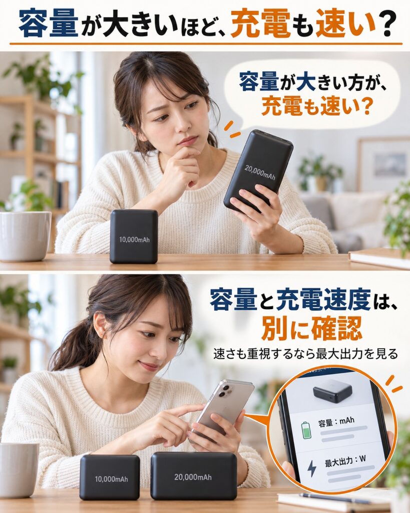 モバイルバッテリーは容量が大きいほど充電が速いとは限らないため、必要な容量を決めたあと最大出力も別に確認することを示す2コマシーン画像