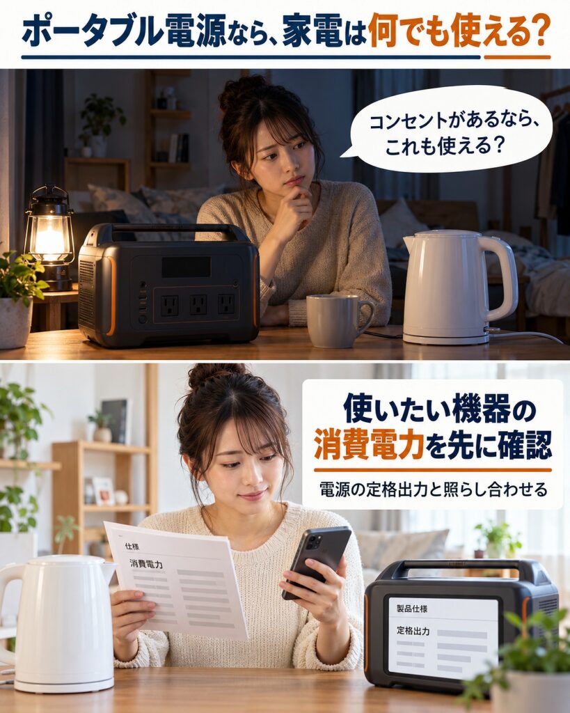 ポータブル電源があっても家庭の家電を何でも動かせるわけではなく、使いたい機器の消費電力と電源の定格出力を事前に確認することを示す2コマシーン画像