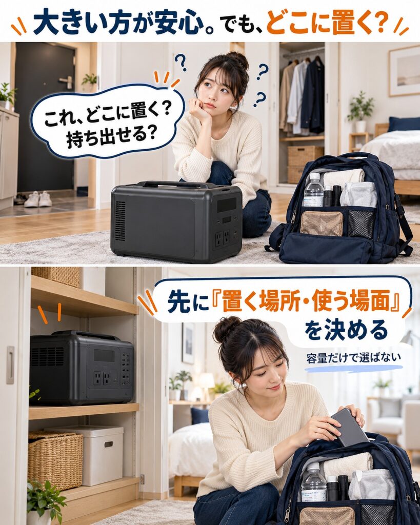 一人暮らしでは容量の大きさだけでポータブル電源を選ばず、購入前に保管場所と持ち運び方を確認することを示す2コマシーン画像