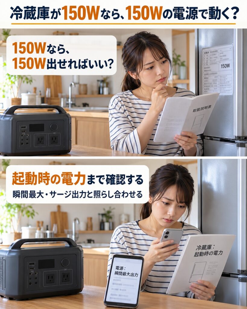 冷蔵庫の通常運転時の消費電力だけでポータブル電源を選ばず、起動時の電力と瞬間最大出力まで確認することを示す2コマシーン画像